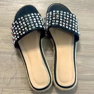 Black Vegan Leather Studded Slides Size 7
